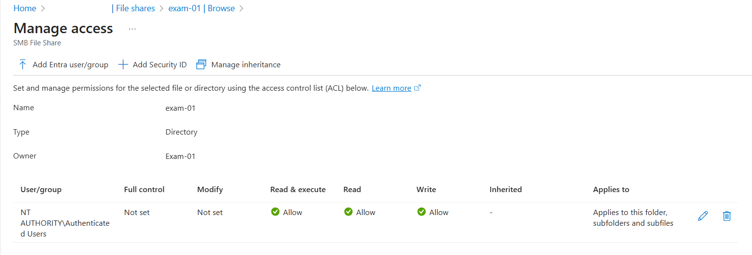 Azure File Share Manage Access Screen