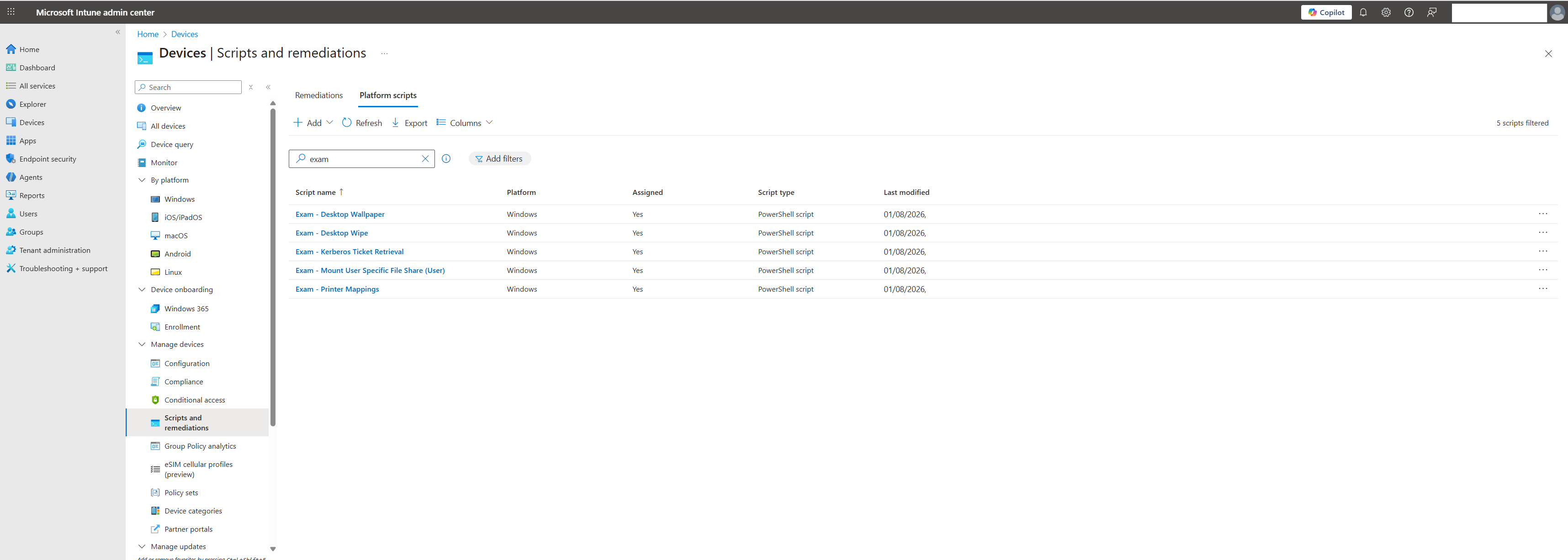 Microsoft Intune Admin Center showing Platform Scripts