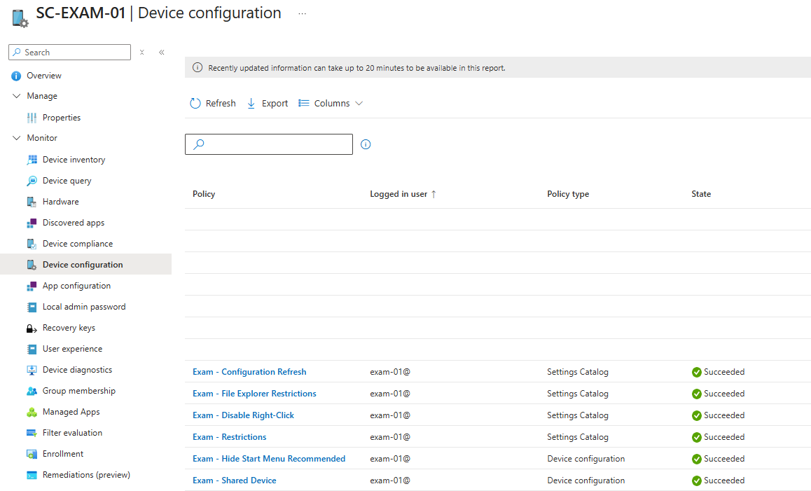 Individual device configuration status showing all policies Succeeded